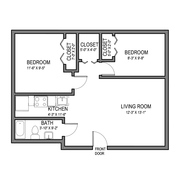 Floor plan for 2 beds, 1 bath, 750 sqft